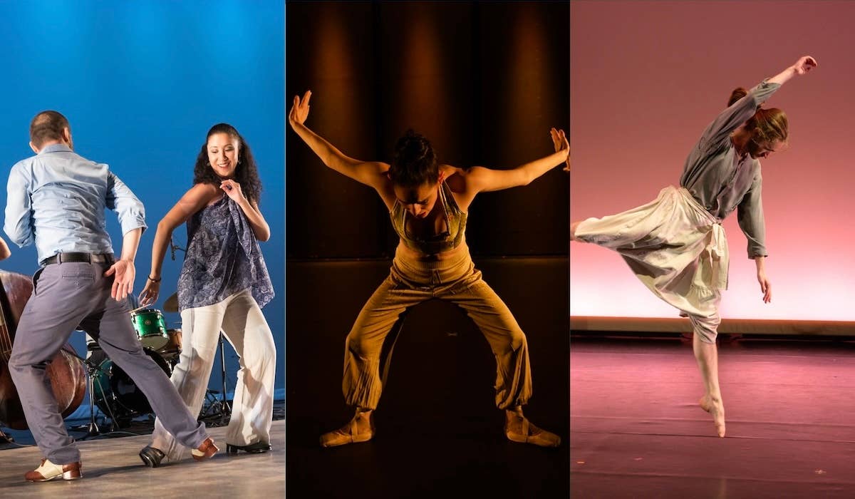 A triptych of three photos: A pair of dancers from Max Pollak Group mid-dance in front of a drum set: a male dancer in blue slacks and a dress shirt and a female dancer in cream wide-legged pants and a flowy, blue paisley halter top, both in tap shoes; a barefoot female dancer from Thresh Dance in tan pants and tank top bent forward with legs and arms wide; and a dancer from Reggie Wilson / Fist and Heel Performance Group in loose-fitting cream pants and a gray shirt mid-arabesque.